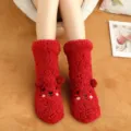Thick fleece floor socks in vibrant red with cute bear embroidery and 3d ears for cozy winter sleep. - One Size / Bear Red
