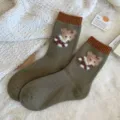 Thick warm wool knit socks for women, cute fuzzy bear pattern, dark green cozy winter crew socks. - One Size / htt Flocked Terry Army Green