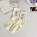 White mid-tube socks featuring cute purple smiley faces and green letter prints, sweet style. - G2346 Cream White with Double Purple Smiley Faces