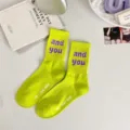 Neon green mid-calf socks with purple letter print and cute toe text, stylish daily wear. - G2346 Neon Green