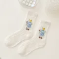 Japanese style sweet white mesh mid-calf socks with cute embroidered blue dress girl. - One Size / am2220 Little Princess Baby Blue