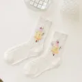 Spring summer women white hollow mesh mid tube socks cute girl embroidery sweet style casual. - One Size / am2220 Little Princess Creamy Yellow