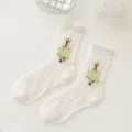 Cute Japanese style mesh mid-calf socks for women with sweet embroidered girl design, cotton hosiery. - One Size / am2220 Little Princess Fairy Green
