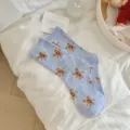 Cute blue crew socks featuring cute bear patterns, soft dot yarn, sweet style for daily wear. - Mm23145 Light Blue