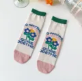 Women mid-calf socks cute floral rainbow pattern green cuff pink heel cotton socks - Xc1375 Green Ribbed Cuff with Flowers