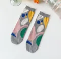 Women grey mid-calf socks with abstract colorful geometric pattern art style casual socks. - Xc1375 Gray Ribbed Cuff