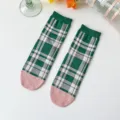 Women's green plaid mid-calf socks with pink toes, preppy style cute cotton knit socks. - Xc1375 Green Ribbed Cuff Plaid