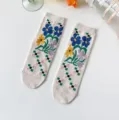 Cute floral crew socks for women, vintage aesthetic cotton blend mid-tube socks, daily casual wear. - Xc1375 White Ribbed Cuff
