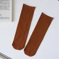 Brown solid color rolled edge mid-calf socks for women, comfortable daily casual wear style. - Coffee