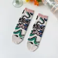 Women cute aesthetic crew socks casual printed cotton mid tube fashion hosiery daily wear - Xc1375 Pink Ribbed Cuff