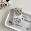 Japanese style polka dot crew socks with cute rolled cuffs, soft cotton daily wear hosiery. - Beige Grey