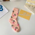 Women spring summer mid tube socks cute pink radish printed cotton hosiery casual daily wear - Cx382 Pink Carrots