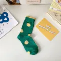 Green mid-calf socks for women featuring cute yellow lemon fruit pattern, casual preppy cotton socks. - Cx382 Dark Green Lemon