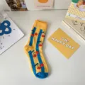 Cute yellow cherry striped crew socks, stylish cotton mid-tube socks for women daily wear. - Cx382 Yellow Cherries