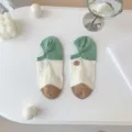 Short low-cut women socks, green white color block design with letter M embroidery. - One Size / Green Heel Embroidery