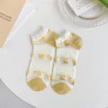Cute mesh short women socks with yellow floral pattern and lace ruffle trim for summer. - CF7300 Anti-pilling Sheer Lace Ribbed Top