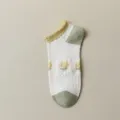 Women summer mesh short boat socks with cute floral pattern ruffled cuff breathable cotton - 5120 Cotton Socks with Yellow Bubble Cuff