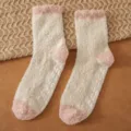 Fuzzy coral fleece sleep socks, warm mid-calf winter floor socks with anti-slip grips. - Forest Off-White