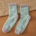 Cozy fuzzy coral fleece winter floor socks in light green with anti-slip rubber grips. - Forest Light Green