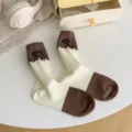 Japanese style sweet ruffled women socks contrast color cotton casual crew socks for daily wear - One Size / AM223 Coffee Sock Cuffs