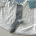 Women grey knitted cotton socks with cute ribbon bows, sweet Lolita style mid-calf hosiery. - One Size / am2524 Small Bow Gray