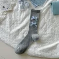 Grey ribbed mid-calf socks with light blue gingham bows, sweet Japanese style cute socks. - One Size / am2524 Gray Double Bow