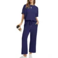 Zomer casual dames korte mouw top en wijde broek bijpassende set hoofdaanzicht mooi. - S / Top en Broek / Donkerblauw