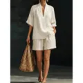Completo estivo casual da donna in lino con scollo V maniche corte e pantaloncini. - Taglia S / Albicocca