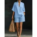 Set top e pantaloncini a maniche corte con scollo a V azzurro chiaro da donna, moda estiva casual. - Taglia S / Azzurro