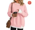 Roze sweatshirt met lange mouwen detail, casual losse pasvorm met witte ribboord kraag en zoom. - Roze