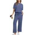 Dames korte mouw top en wijde broek lounge set zomer casual stijlvol tweedelig outfit - S / Top en Broek / Marineblauw