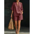 Set casual da donna con top a maniche corte e scollo a V e pantaloncini per l'estate. - Taglia S / Borgogna