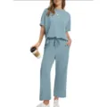 Vrouwen zomer casual tweedelig outfit korte mouw top wijde broek loungewear set effen kleur - S / Top en Broek / Hemelsblauw