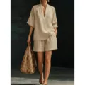 Set top maniche corte scollo V e pantaloncini beige, outfit estivo casual in lino - Taglia S / Kaki