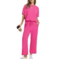 Dames zomer korte mouw top en lange wijde broek casual tweedelige set outfit roze - S / Top en Broek / Rozerood