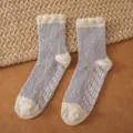 Women cozy fleece fuzzy socks with non-slip grips for warm indoor home floor wear winter. - One Size / Mori Style Ruffled Cuff - Grey