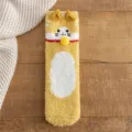 Cute fluffy cat warm coral fleece women mid-tube socks, thick anti-slip winter floor socks. - Turmeric