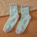 Fuzzy coral fleece home socks with anti-slip grip soles, mint green and grey cozy winter floor socks. - One Size / Mori Style Ruffled Cuff - Bean Green