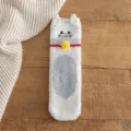 Fluffy coral fleece winter socks for women with cute 3D cat ears and warm plush design. - White