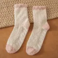 Fluffy non-slip cozy floor socks, cute pink and white fuzzy winter home sleep socks for women. - One Size / Mori Style Ruffled Cuff - Off-White