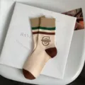Cozy striped mid-tube socks with cute embroidered letter design for comfortable daily wear. - One Size / qxs2347 Big C