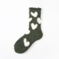 Dark green fuzzy coral fleece winter socks featuring cute white heart patterns for cozy wear. - One Size (35-39) / Army Green