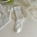 White bow mesh mid-tube socks for women, sweet floral hollow-out spring summer hosiery. - One Size / Off-White