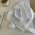 White and blue striped women crew socks breathable cotton casual daily wear cute style hosiery - One Size / sm2505