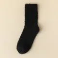 Black fuzzy coral fleece mid-calf socks for women, warm winter thermal floor socks. - Black