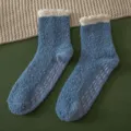 Cozy coral fleece floor socks for women with non-slip grips. Soft winter warm sleeping socks. - One Size / Patchwork Denim Blue