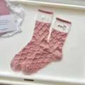 Cute pink grid mid-calf socks for women, sweet style knit cotton daily wear hosiery. - One Size / s23249 Argyle Bear