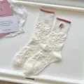 Cute white mid-tube socks with pink cuffs, sweet cherry jacquard and delicate embroidery. - One Size / s23249HI Embroidery