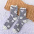 Grey coral fleece fuzzy socks with white stars, thick and warm winter home floor socks. - One Size / Gray