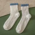 Fuzzy coral fleece non-slip floor socks, white with blue cuff, cozy sleep socks for women. - One Size / Colorblock White